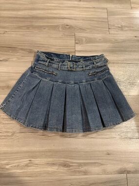Denim Pleated Mini Skirt with Belt